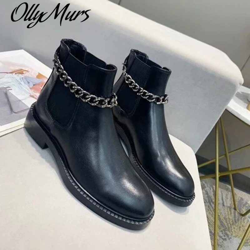 

Chain Solid Color Chelsea Boots For Lady Black Low Heel Slip-on Round Toe Classics Genuine Leather Winter Rome Comfortable Boot