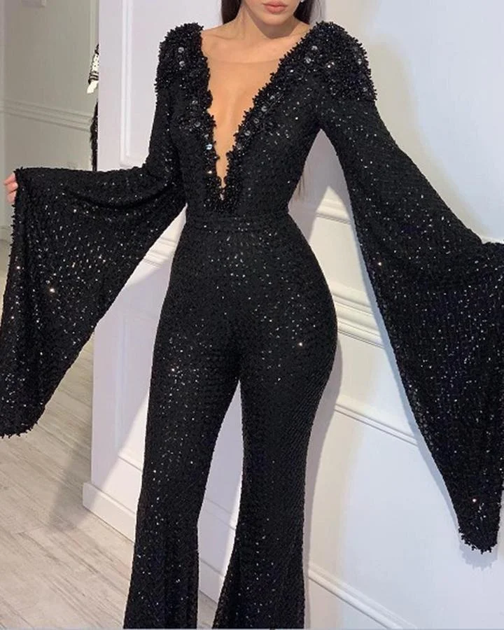 

2021 Famous Elegant Design Jumpsuits Solid Sparkly Sequins V-neck Long Sleeve Sexy Bodycon Rompers