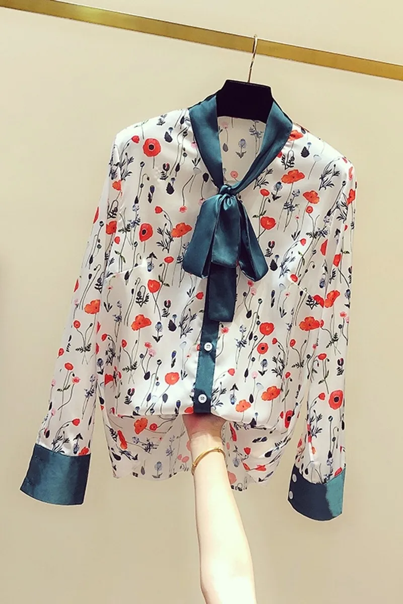 

2020 New Autumn Fashion Floral Printing Female Blouses Color Block Single Breasted Long Sleeve Casual Women Top and Shirts