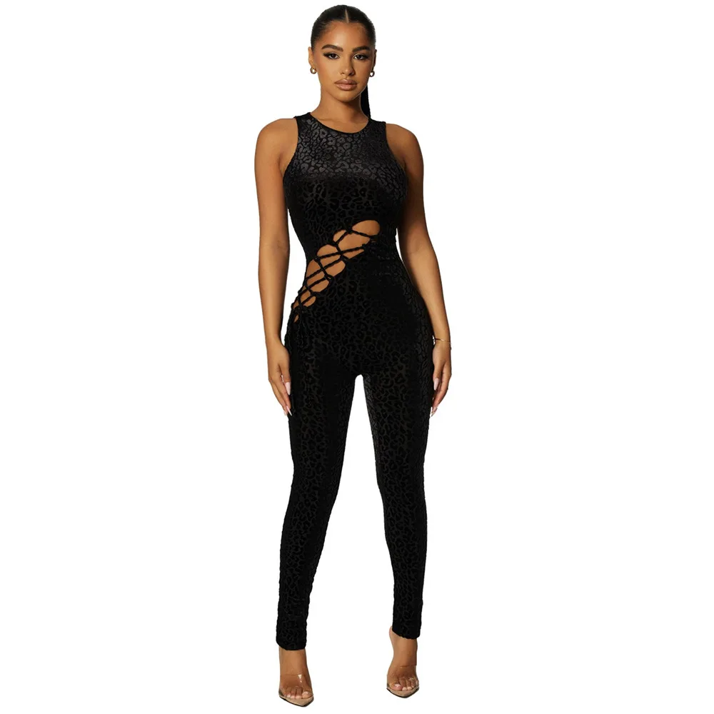 

leopard velvet jumpsuit women bandage overalls female sexy sleeveless black bodycon jumpsuit cute lady party elastic jumpsuits
