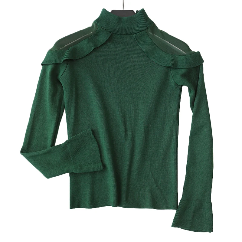 new style Sweet ruffled mesh open-shoulder long-sleeved sweaterfemale half-necked pullover sweater slim bottoming shirt winter | Женская