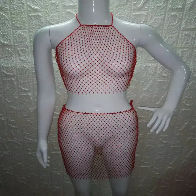 as PARAKINI Sparkly Crystal Diamonds Bikini Beach Women Dress Beach Cover Up Dresses Fishnet Cropped Top Two Pieces Set Beach Dress - Color: as