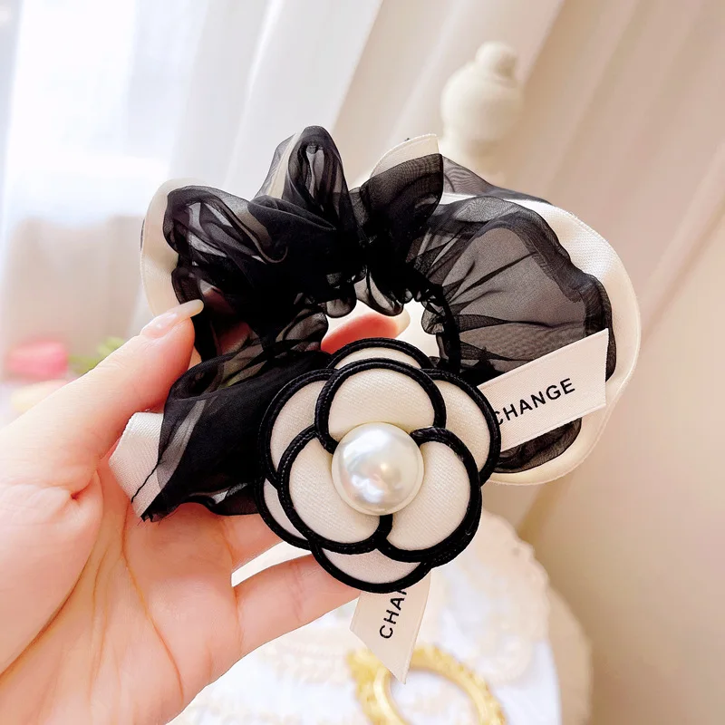 

Elegant Camellia Flower Scrunchies Pearl Organza Pack Pleated Headband French Head Rope Hair Accessories Elastic Hair Bands Tie