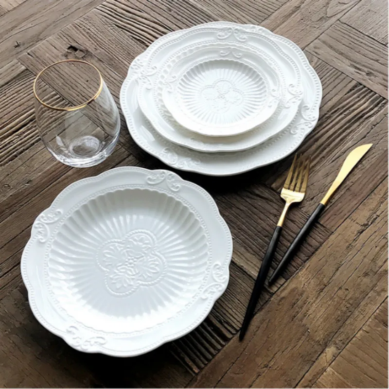Роскошные белые резные дизайнерские обеденные тарелки посуда для стейка