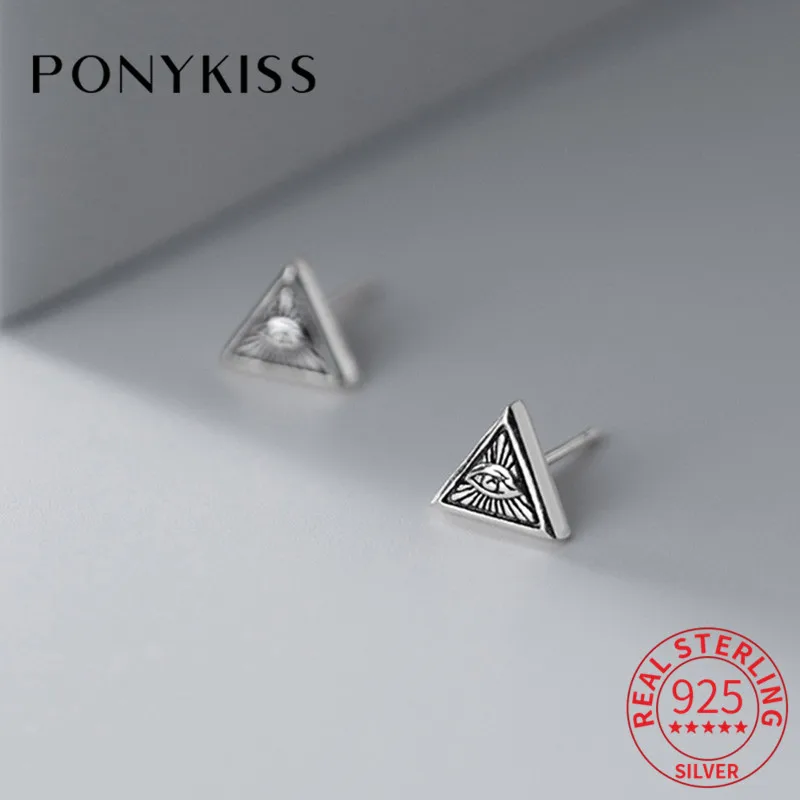 

PONYKISS Vintage 925 Sterling Thai Silver Eye Triangle Stud Earrings for woman Party Fine Jewelry Wholesale Minimlist Accessory