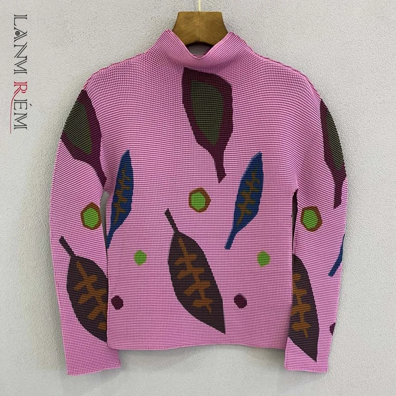 

LANMREM Pleated Printing Leaf T-shirt For Women Spring And Autumn 2022 New Long Sleeve Turtleneck Stretch Top Women 2J625