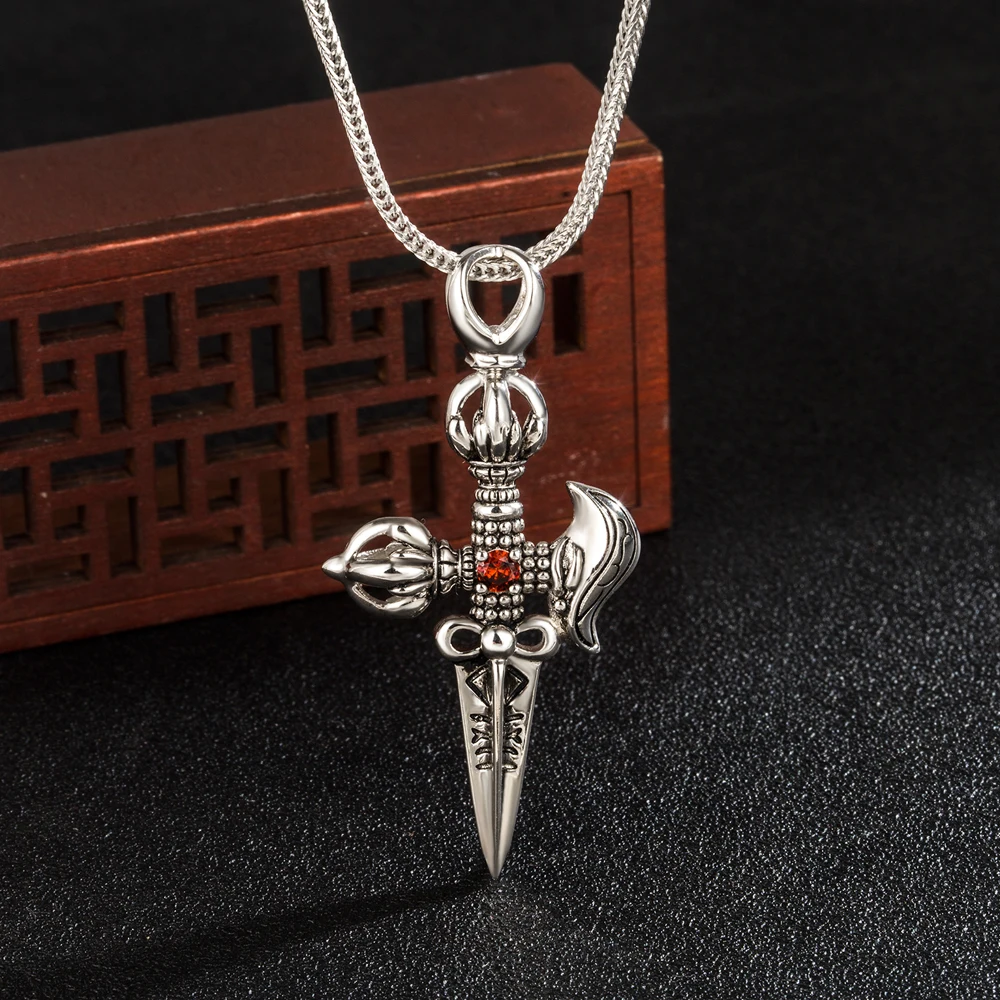 

Personalized Vintage Jewelry Men's 100% 925 Silver Necklace Red Zircon Inlaid Cross Knife Dagger Pendant Box Chain 45-70CM