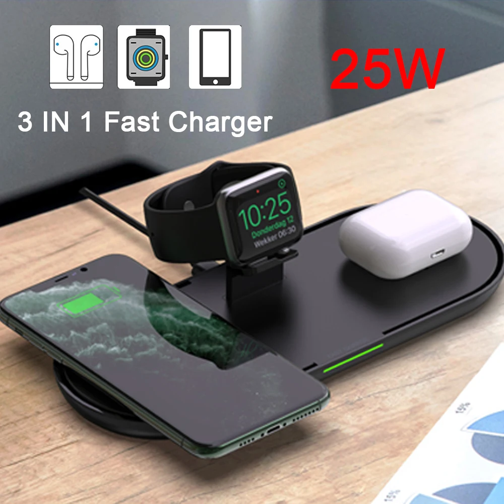 25W Qi Wireless Charger 3 in 1 Fast Charging Station for Apple Watch 5 4 2 iPhone 11 XS XR 8 X Airpods Pro Fold Stand Pad New | Мобильные
