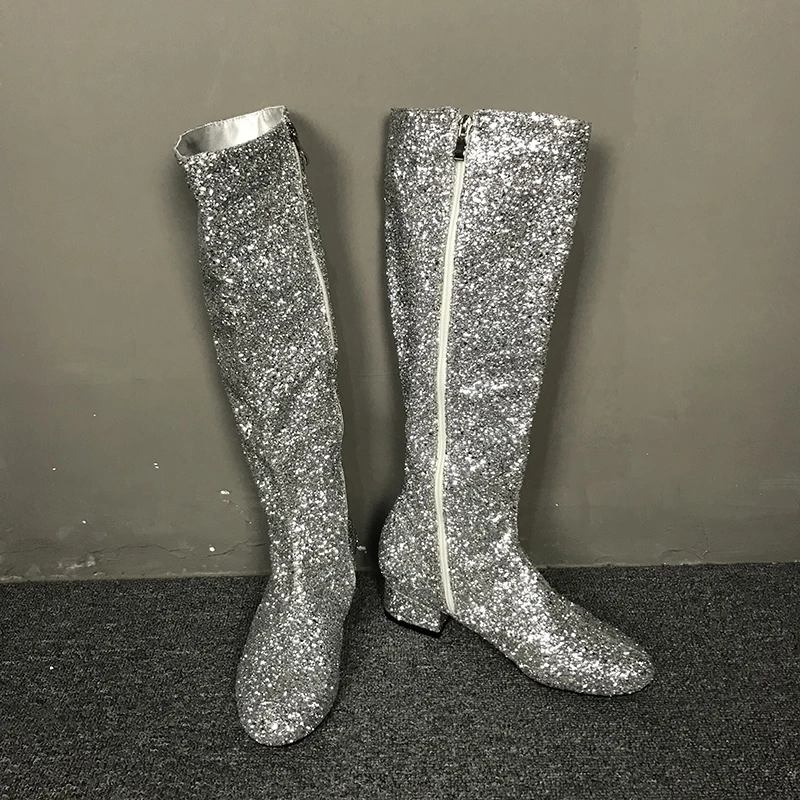 Новые Популярные серебристые сапоги до колена с блестками Женские вечерние