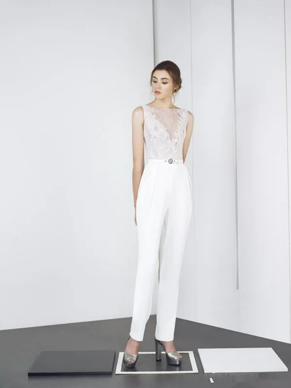 

Modern 2021 Jumpsuits Bateau Neck Lace Appliqued Ankle Length White Prom Dress Custom Made Evening Gowns Party Wear
