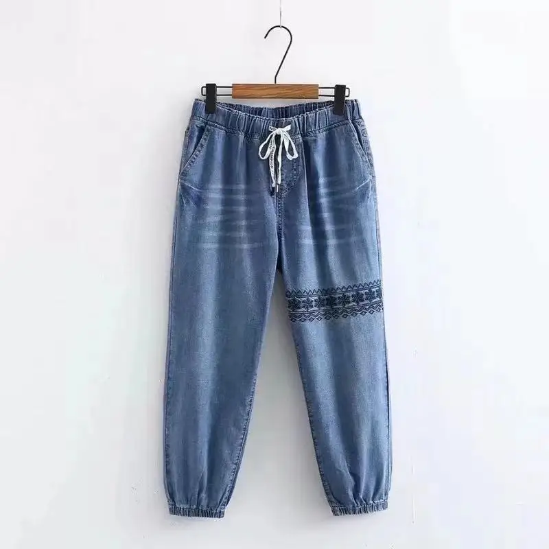 

Plus Size Loose Denim Women Elastic Waist Harem Pants Spring Summer Ankle-Length Jeans Ladies Soft Embroidery Trousers Female