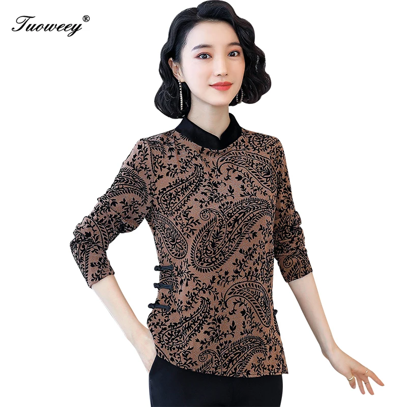 

Autumn spring style floral straight Plus Size 3xl stand collar Women Elegant Korean shirt Party long Sleeve blouses floral