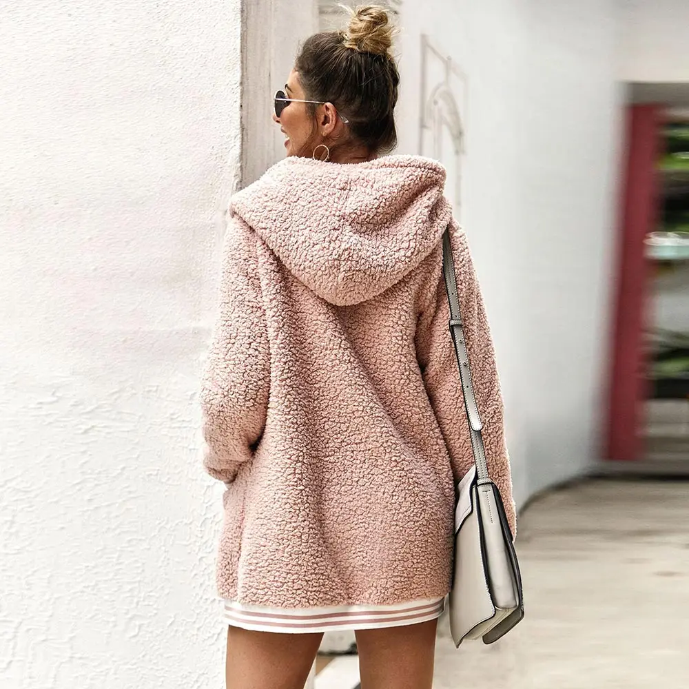 WildPinky New Casual Faux Fur Jacket Women Coat Streetwear Autumn Winter Female Warm Coat Pocket Outwear Soft Ladies Pink Coat