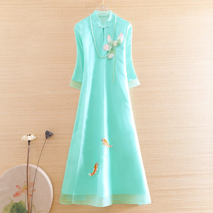 Женское платье Ципао из органзы элегантное свободное ТРАПЕЦИЕВИДНОЕ ПЛАТЬЕ в