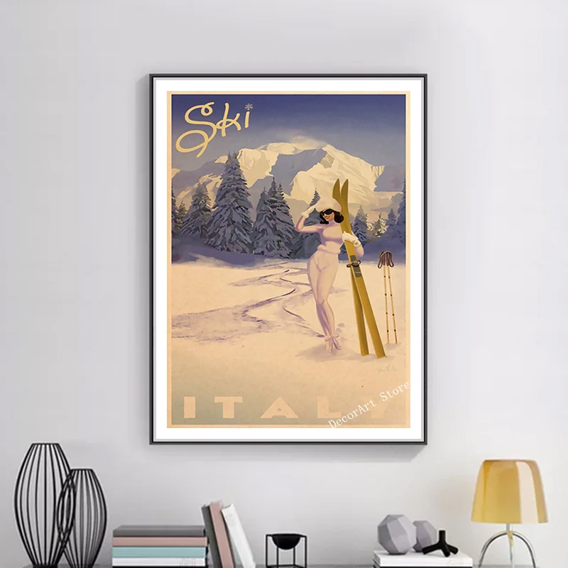 Ретро Картина на холсте лыжи в Америке катание лыжах винтажные настенные постеры