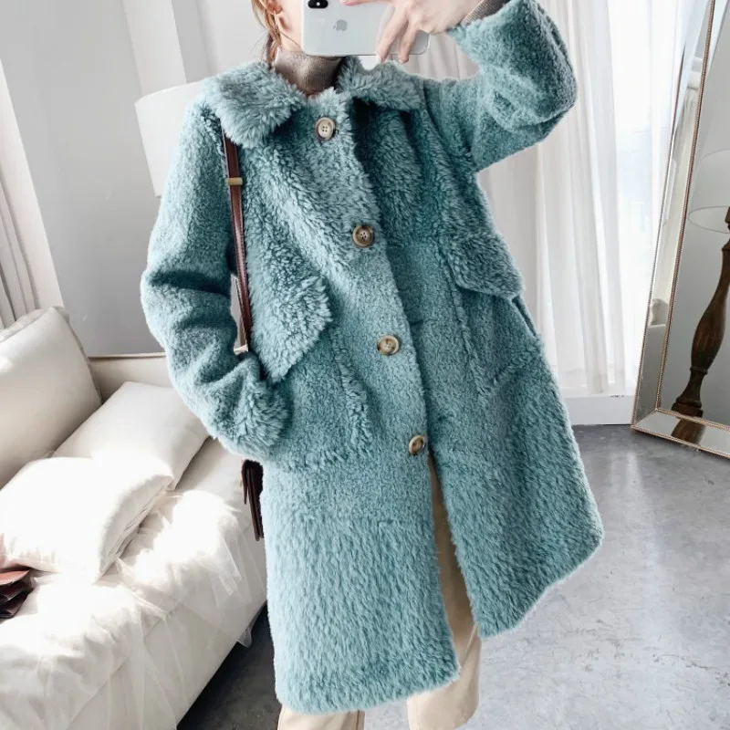 

Long Sheep Shearing Jacket Winter Women 100% Wool Female Autumn Real Coat Korean Vintage Warm Fur Tops Hiver LW2065