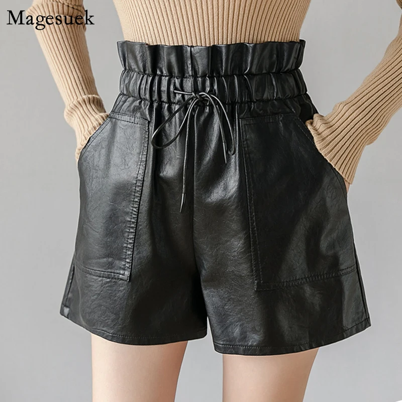 

Новый стиль, экокожа (полиуретан), кожаные шорты сезон осень-зима; С высокой талией черные шорты Mujer шнурок с эластичной резинкой на талии свободные женские шорты 11062