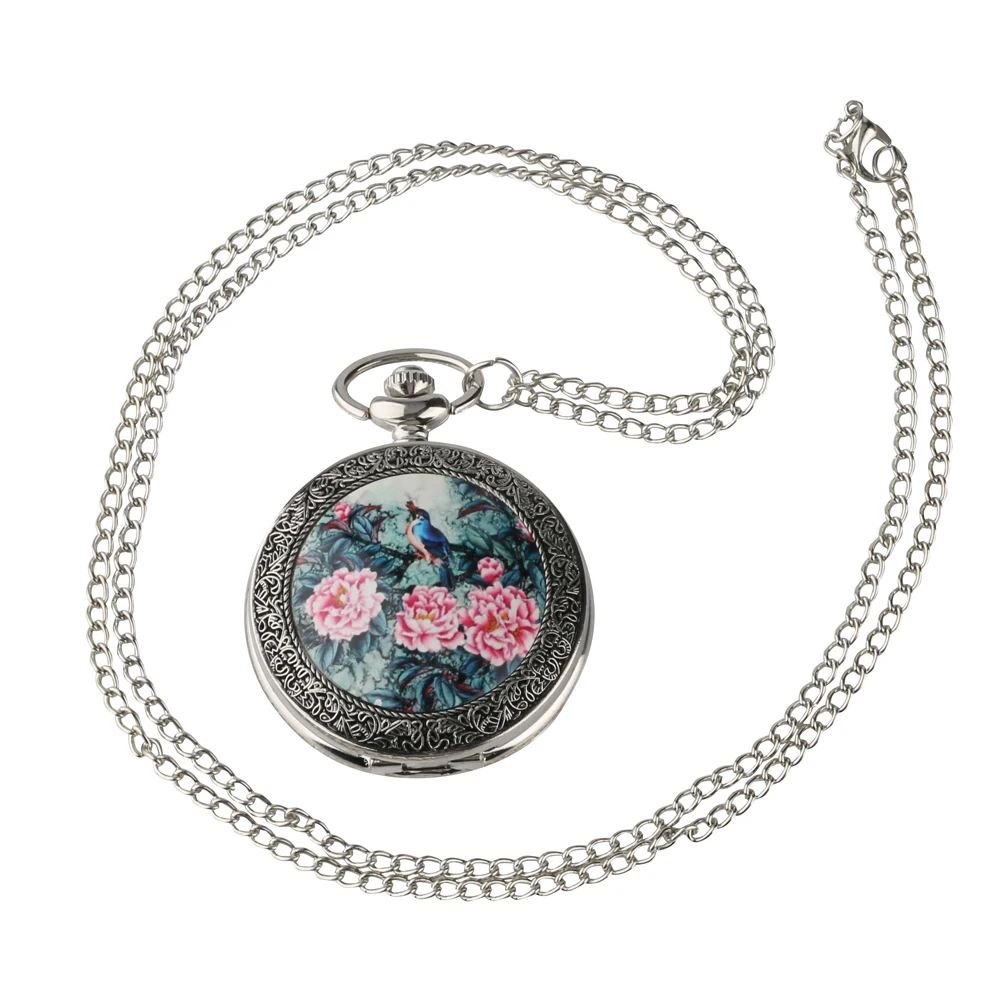 

Elegant Pocket Watch Silver White Big Dial Quartz Bird And 3 Flowers Pattern Back Cover Exquisitely Carved Necklace Gift For Mom