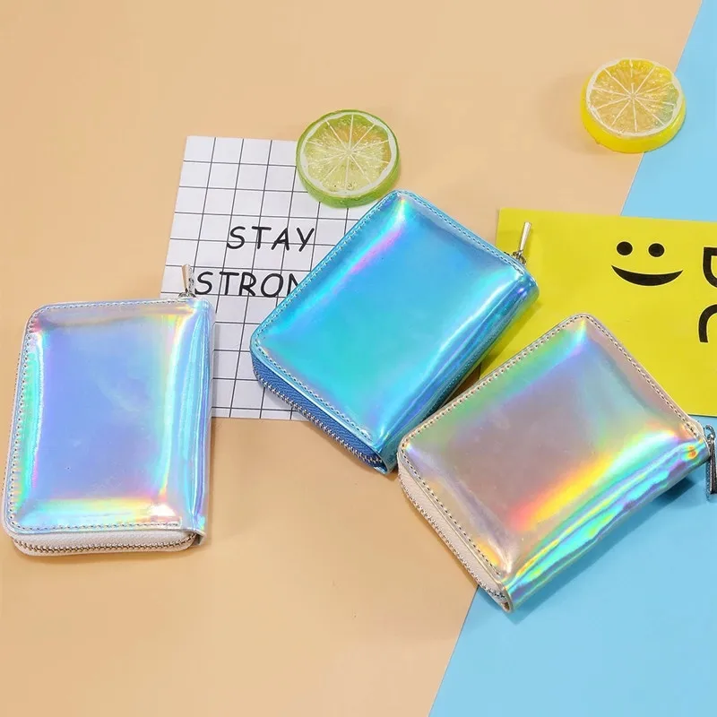 Маленький серебристый кожаный женский кошелек с голограммой органайзер для