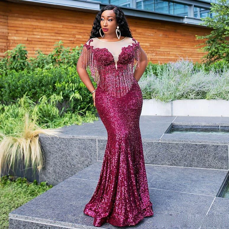 Aso Ebi арабское бургундское блестящее вечернее платье с блестками, прозрачная горловина, бусины Русалка, Выпускные Платья с кисточками, большие размеры, халат de soiree