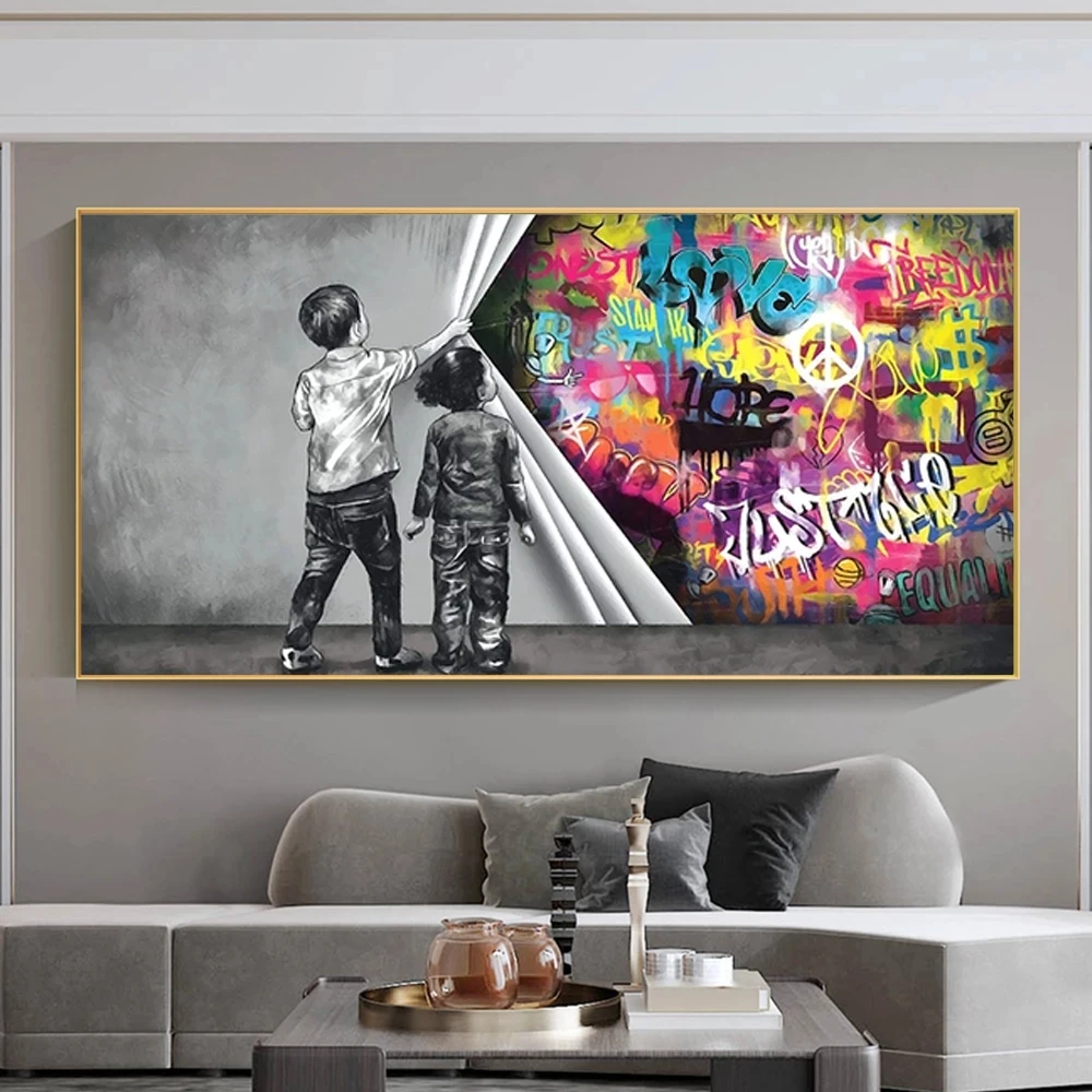 

Cuadros Banksy Art Graffiti Canvas Painting Behind The Curtain Wall Art Posters and Prints Wall Pictures for Living Room Home