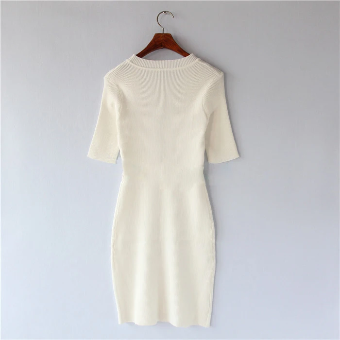 Bodycon Knitted O-neck Casual Collar White and Black Mini Short Sleeve Women khaki Pencil Dress Autumn | Женская одежда