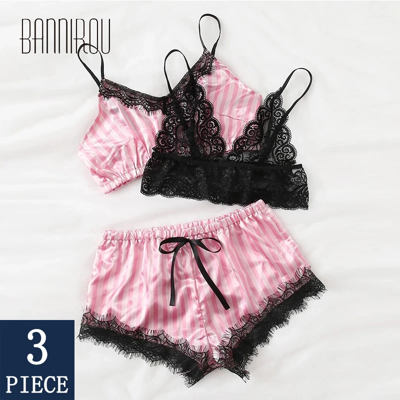 

BANNIROU 3 Pcs Sexy Pajamas For Women Summer Pyjamas Silk Striped Sleepwear For Woman Home Clothes Women's Pajama Free Shipping