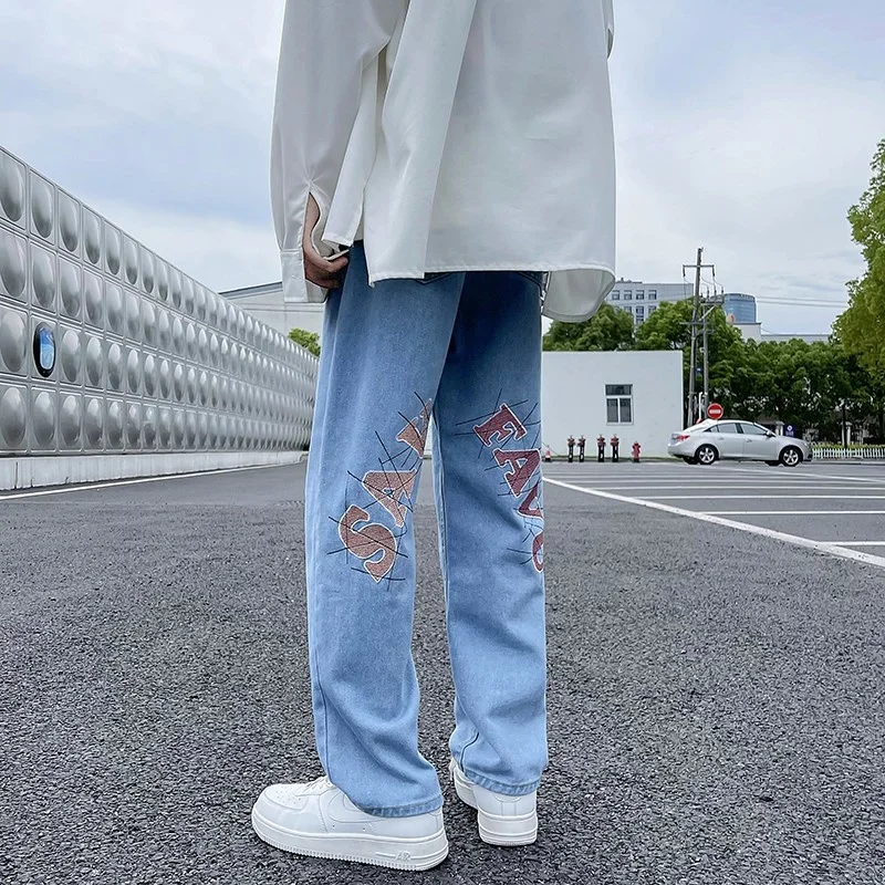Джинсы мужские прямые с вышивкой модные Универсальные брюки широкими штанинами
