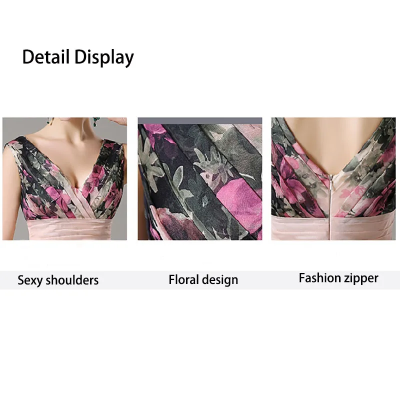 

Women's summer fashion new floor length long flower chiffon evening dress sleeveless deep V-neck fit and flare ball dress