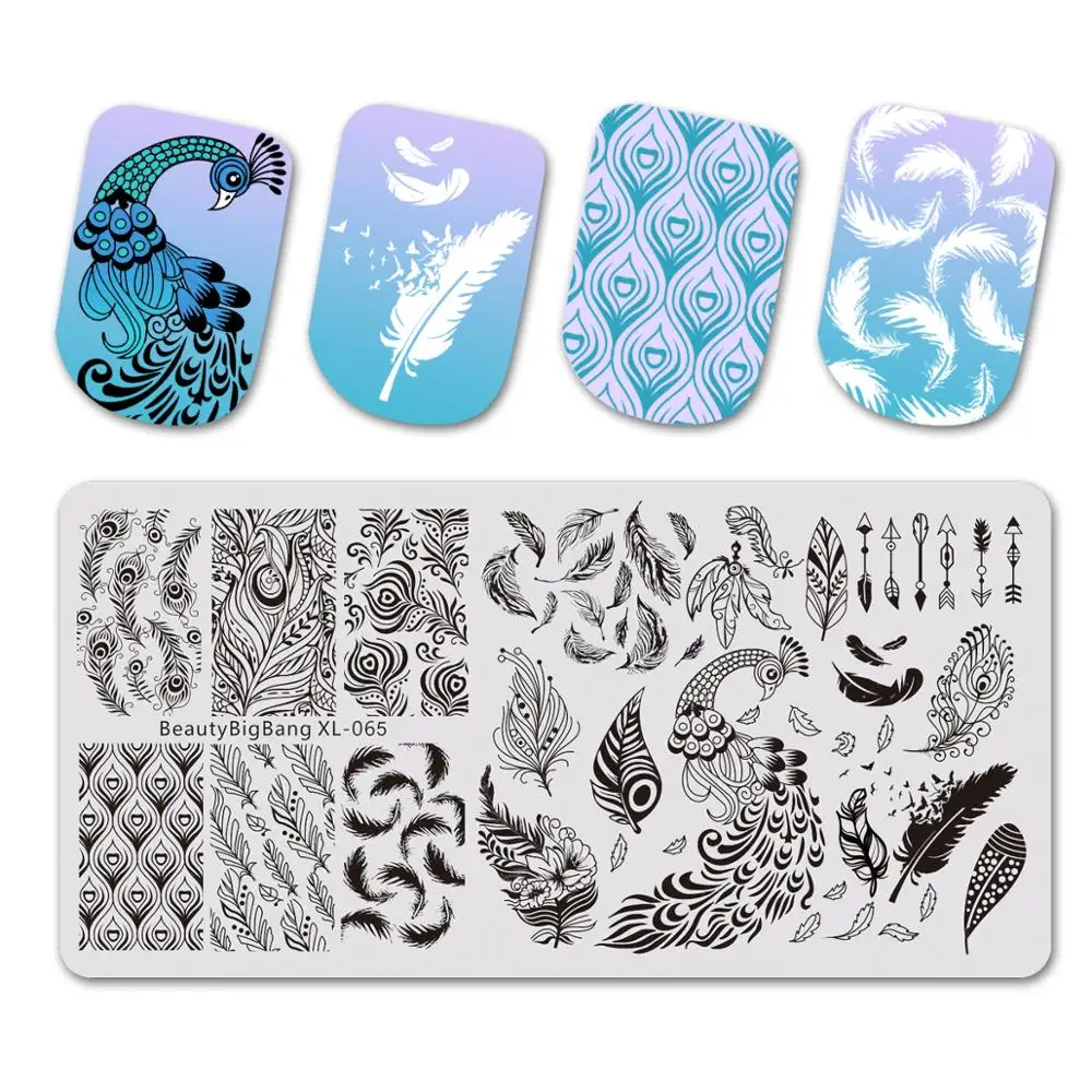 BEAUTYBIGBANG птицы узоров в виде перьев павлина пластины для штамповки ногтей Nail Art