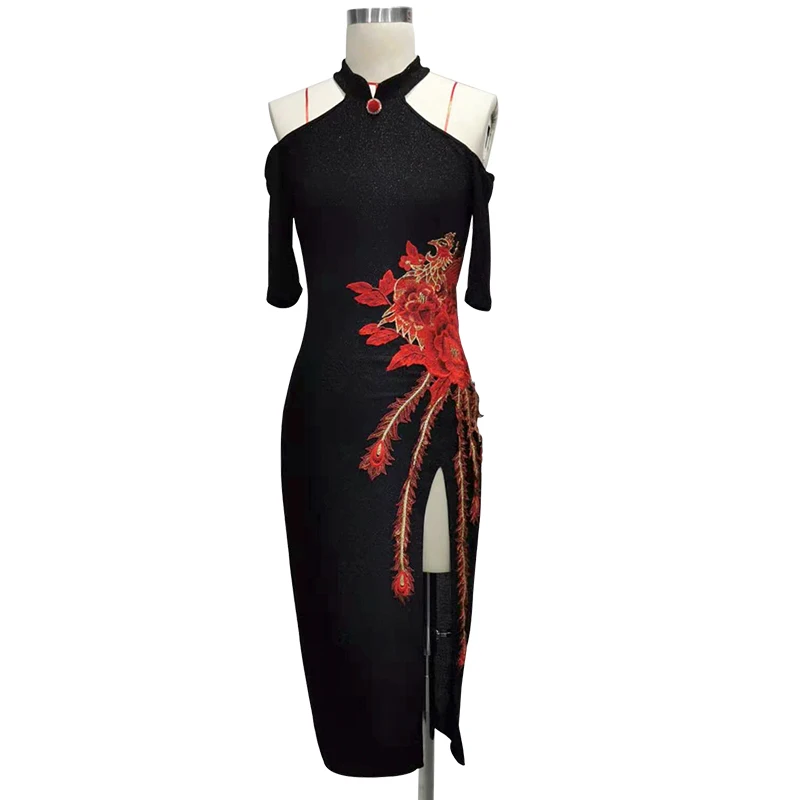 

Sexy Latin Dance Dress Cheongsam Off-Shoulder Chinese Style Embroidery Performance Costume Dancing Competition Clothes YS1090