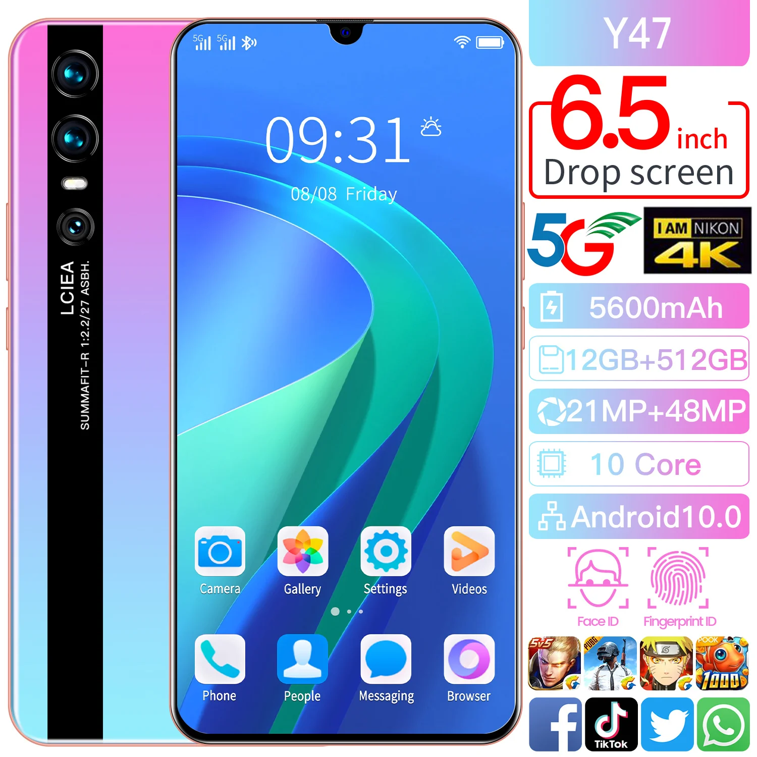 

Hot Sale 2021 Global Version Y47 Smartphone MTK6595 6.5Inch Drop Screen Android 10 Mobile Phone 12+512G 10 Core 5G