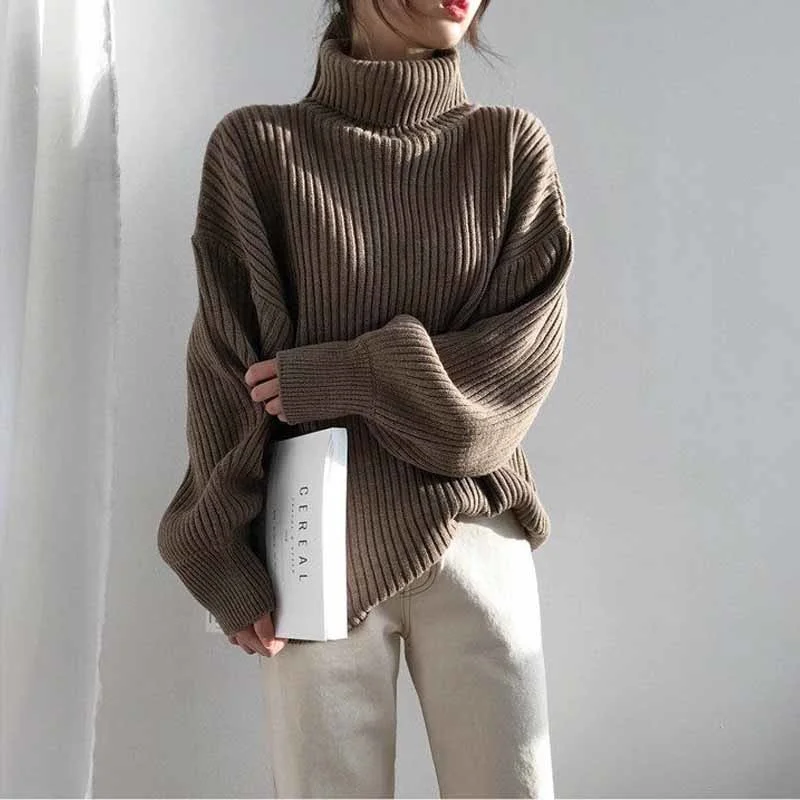 

Зимний свитер 2021 с высоким воротником, винтажные повседневные утепленные полосатые женские топы, пуловеры, свободные вязаные дамские свите...