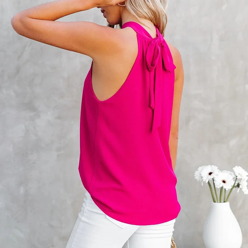 

Women's Halter Hollow Out Lace Up Vest Sexy Sleeveless Female Solid Blouses 2021 Summer Office Ladies Casual Vests Tops New