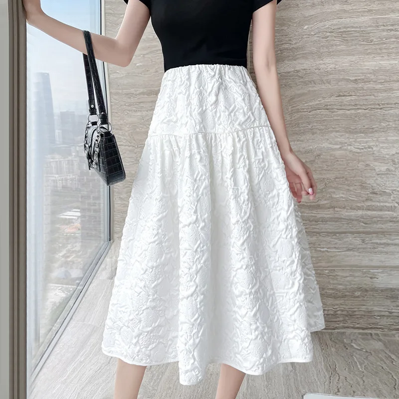 

2021 Summer A-line Foam Pleated High Waist Pleated Skirt Midi Skirt Sweet and Fashionable Woman High Fashion White Black Dress