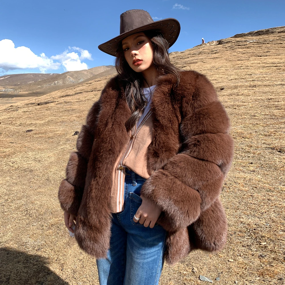 Natural Fox Fur Jacket for Women Winter Outwear 2022 New Trendy Thick Medium Length V-neck Whole Skin Genuine Fox Fur Coat Woman