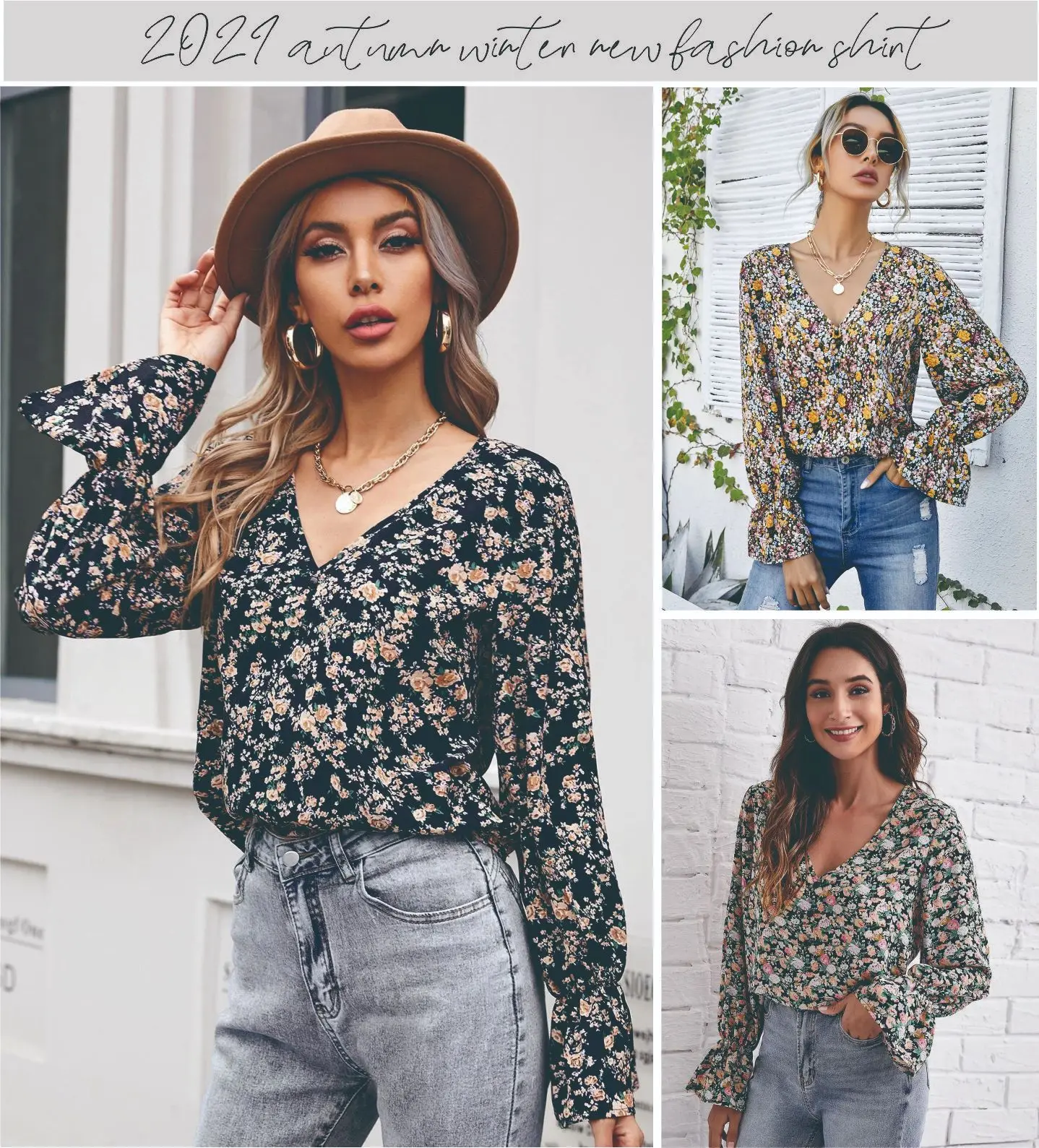 

women's blouse print flower chiffon shirts womans tops Elegant fashion V-Neck Patchwork Blouses Female clothing