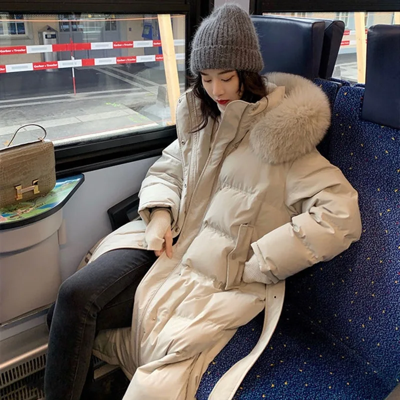 Женский пуховик средней длины, Зимняя Толстая куртка выше колена с большим воротником и капюшоном из лисьего меха, 2021