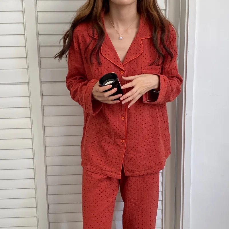 

Осенне-зимняя Рождественская пижама в горошек, 3 цвета, женский домашний костюм, топ и штаны, домашняя одежда из 2 предметов, хлопковая одежда...