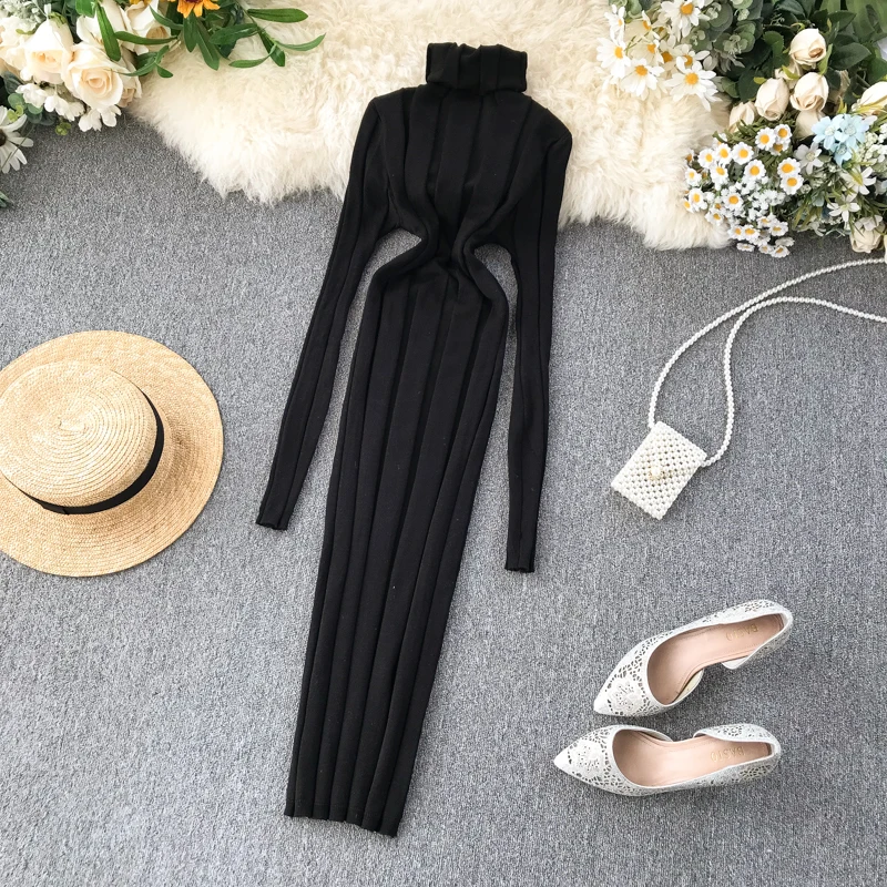 ALPHALMODA осеннее и зимнее рваное платье Новые пуловеры с высоким воротником и длинными рукавами тонкое трикотажное платье однотонное короткое простое платье