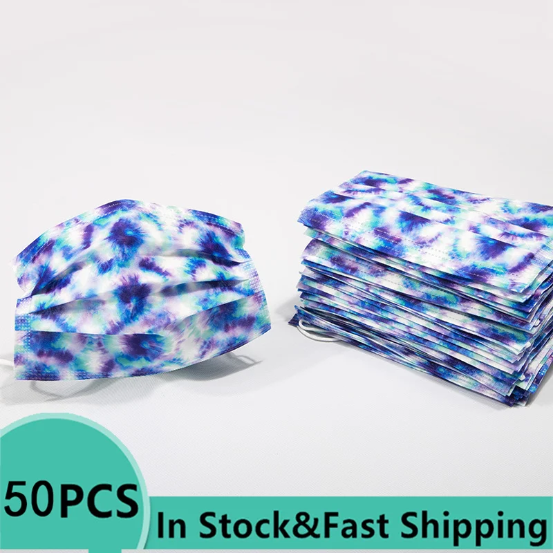 50 шт. Синие маски с цветком. Личность, креативность, индивидуальный принт для взрослых. Дышащие летние маски с тремя слоями. Модные маски для лица Kpop.