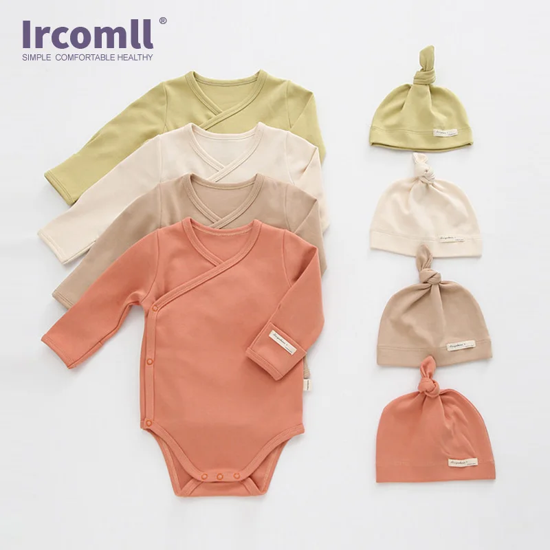 Ircomll Baby Boys Girl Clothes Newborn Romper Solid Cotton comfortable Bodysuit+hats Long Sleeves Playsuit For Kids | Детская одежда и