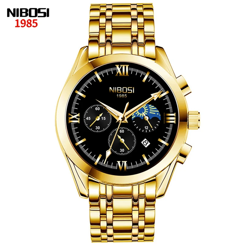 Reloj Hombre NIBOSI Gold Watches Mens Luxury Fashion Quartz Wristwatch Analog Chronograph Men Watch Waterproof Clock+Box 2515