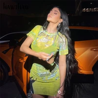 hawthaw women summer short sleeve mesh see through crop tops mini skirt two pieces set suit 2021 female clothing streetwear