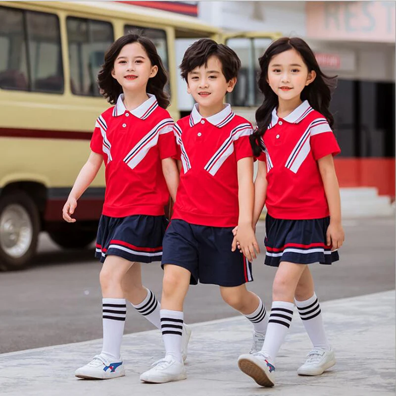 

Детская школьная форма для выступлений, рубашка с отворотом для девочек и мальчиков, топ, шорты тёмно-синего цвета, комплект одежды с галсту...