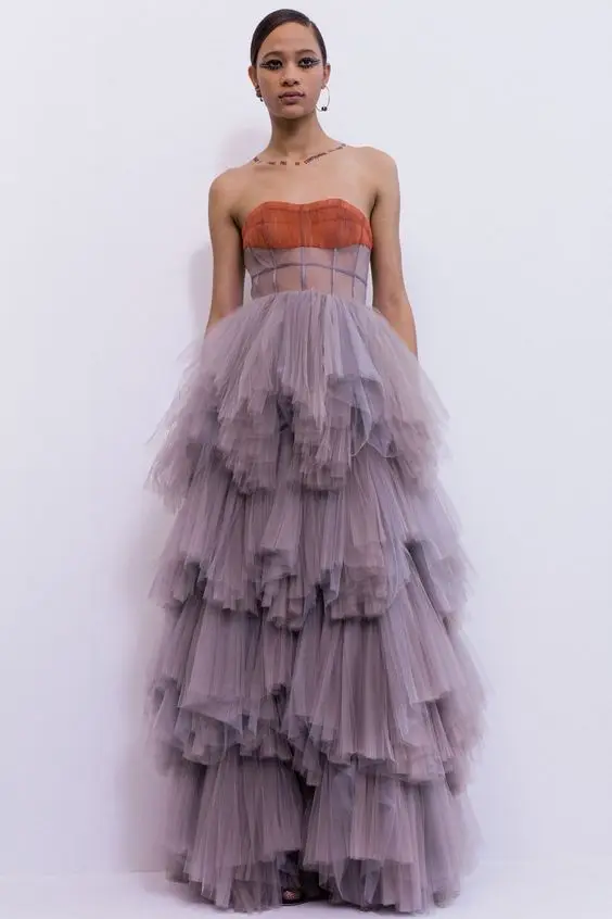 

Long Tulle Tiered Strapless Puffy Prom Dresses 2021 Formal Evening Party Dress vestidos de gala