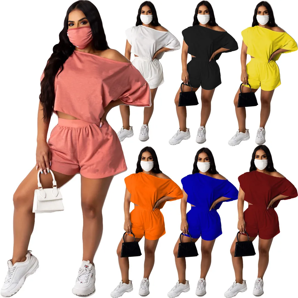 

R6308 European and American large women's street style breathable solid color sweat absorbing sports elastic belt Shorts Set spo