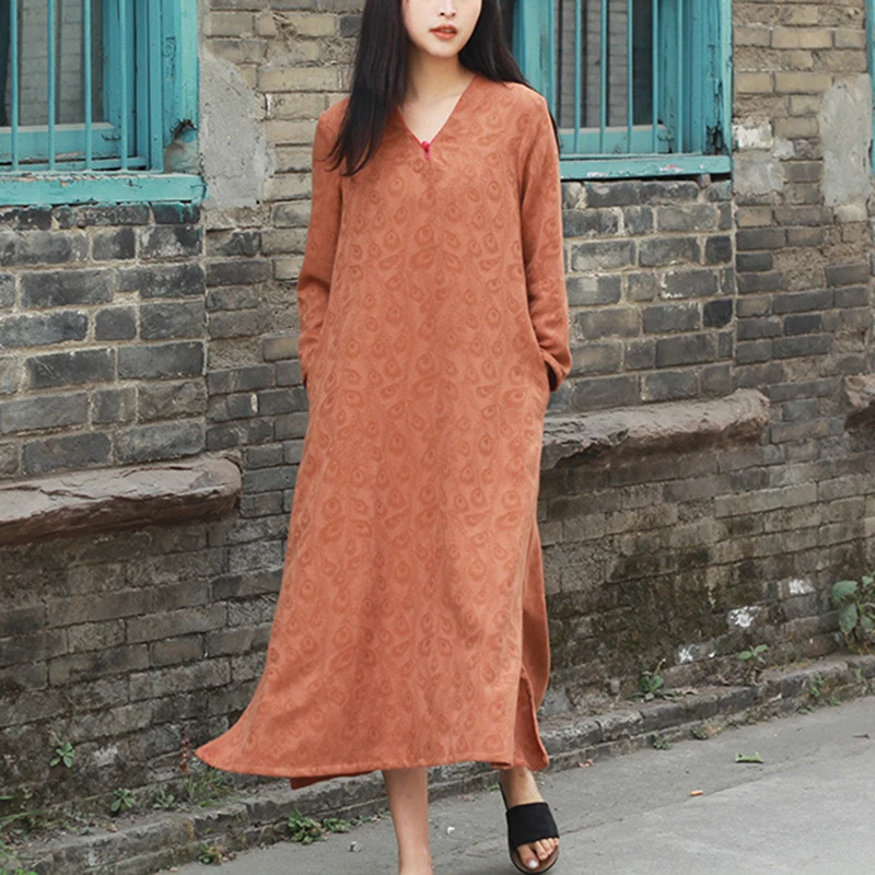 

Johnature Women Cotton Linen Vintage Dresses V-Neck Long Sleeve Jacquard Weave Dress 2021 Spring New Chinese Style Loose Dress