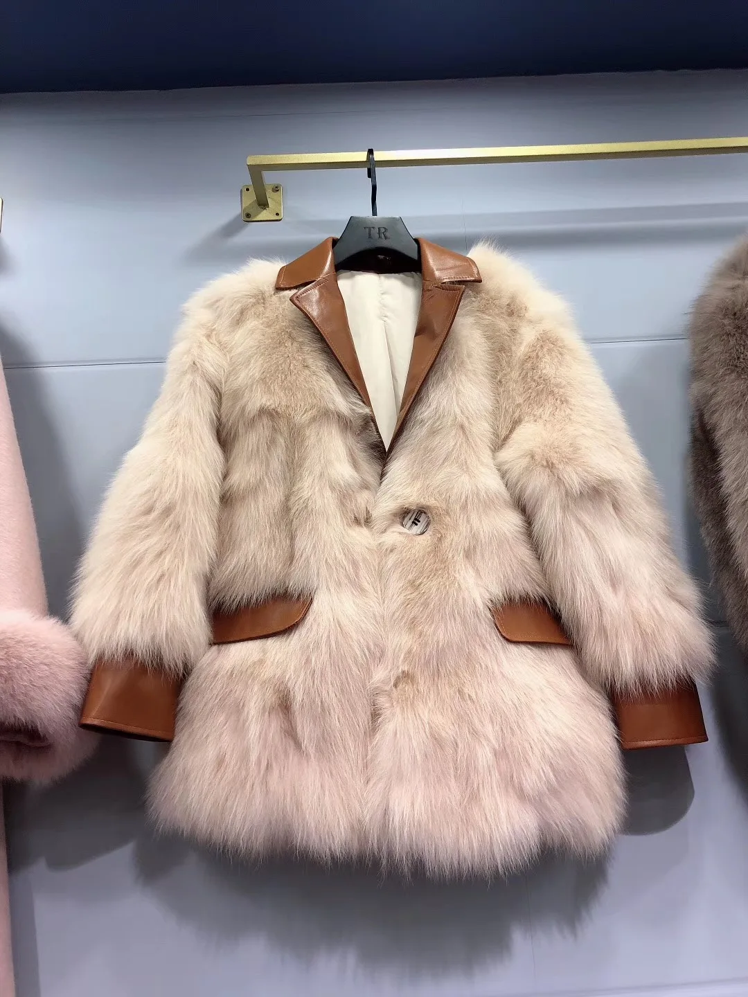 Biege with Khaki Rf2062 костюм из натурального Лисьего меха для женщин, Новое поступление, модное пальто из натурального меха с натуральной кожей, свободная Меховая куртка большого размера - Цвет: Biege with Khaki