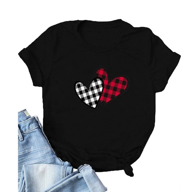 

Double Plaid Heart Print Women T Shirt Short Sleeve O Neck Loose Women Tshirt Ladies Tee Shirt Tops Clothes Camisetas Mujer